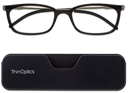 ThinOptics Connect Ultradünne Lesebrille 1.00 schwarzer Rahmen – magnetische Hülle zur Befestigung am Telefon – +1.0 Stärke rechteckige Lesebrille – Unisex für Damen und Herren