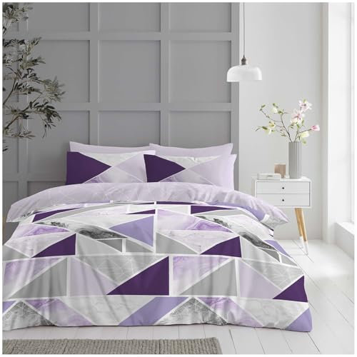 GC GAVENO CAVAILIA Luxury Geometric Shapes King Size Duvet Cover Sets With Pillow Cases, Reversible Diamond Quilt Marble Bedding Set, Purple/Grey