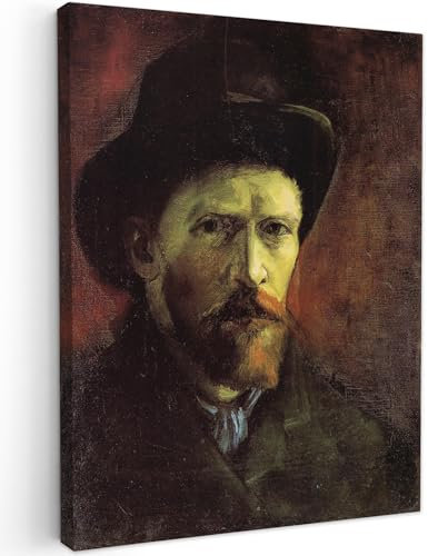 MuchoWow Leinwand Bilder, Einzigartige Wanddeko mit Rahmen, Selbstbildnis mit Filzhut - Vincent van Gogh, Wandbilder Wohnzimmer, Deko Schlafzimmer 60x80 cm