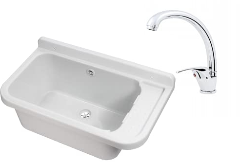 Waschbecken Ausgussbecken 50 cm x 34 cm x 21 cm Spülbecken Waschtrog mit Überlauf Waschbecken für Gewerbe Waschraum Garten Seifenspender Armatur Atut inkl. Ablaufgranitur