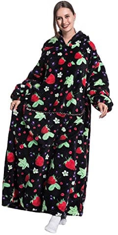 Extra Long Wearable Blanket Hoodie, Oversized Sweatshirt for Women and Men, Super Warm and Cozy Giant Hooded Blanket with Thick Flannel Sleeves and Giant Pocket (Strawberry)