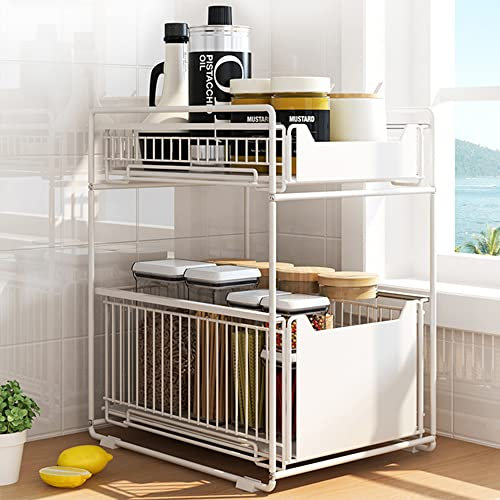 HUOLE Organizzatore a 2 Ripiani con Cassetto Portaoggetti Sotto il Lavandino Scorrevole Cestino Estraibile Portaspezie Organizer per Snack per Cucina Bagno Camera da Letto,Bianco-1PC