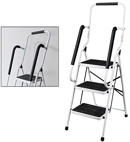 Trittleiter 3 Stufen Klappbar mit Handlauf, Klappleiter Klapptritt Klappstufen aus Stahl, Anti-rutschfest Stehleiter Stabile Leiter für Haus und Küche, bis 150kg Belastbar