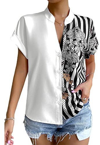 KCatsy Women Casual Business Summer Top Flower Floral Striped Vertical Stripe Spot Dot Colour Block Contrast V-Neck Short Sleeve Button-Down Front-Open Shirt Loose T-Shirt Blouse A White S 8-10