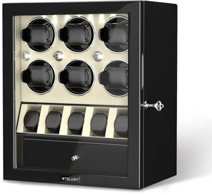XTELARY Automatische Uhrenbewegerbox für 6 Uhren mit 5 flexiblem Uhrenaufbewahrungsraum und Schmuckaufbewahrungsschublade, eingebaute LED-Beleuchtung, leise Mabuchi-Motoren, White