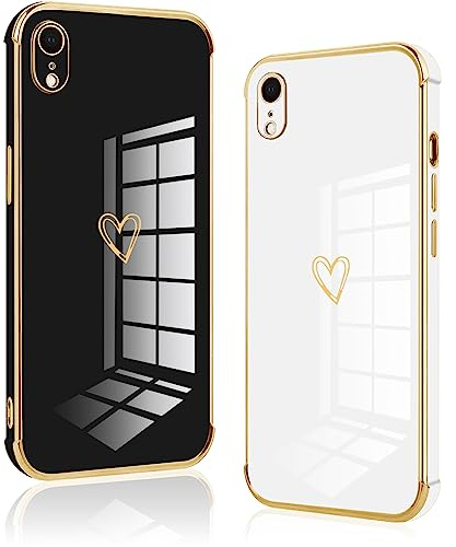 Vauki [2 Packs Coque pour iPhone XR, Silicone Antichoc Housse, Étui avec Motif Coeur et Bordure Dorée pour iPhone XR, Noir et Blanc