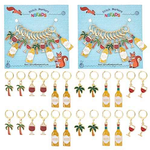 NBEADS 24 Pcs Wine Glasses Theme Stitch Markers, 6 Styles Wine/Beer/Coconut Tree Crochet Charms Removable Locking Stitch Marker with 304 Stainless Steel Clasp for Crochet Weaving Sewing Accessories