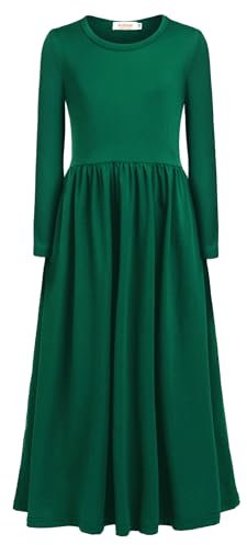 Arshiner Kids Long Green Christmas Dress for Girls with Pocket - Round Neck Casual School Dress for 5-6 Years