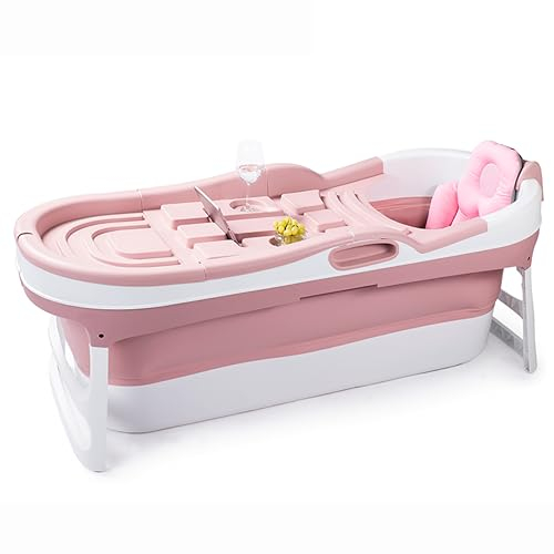 HelloBath® Vasca Da Bagno Pieghevole - XL, 148 x 63 x 52 cm - Con Tappi Scarico, Tubo Scarico E Rulli Massaggianti - Piscina Fuori Terra Per Ice Bath E Bagni Caldi In Estate E In Inverno (Dusky Pink)
