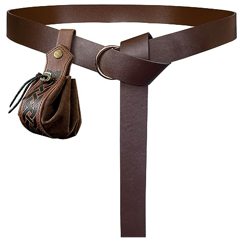 HiiFeuer Mittelalter O-Ring-Gürtel mit Nordischem Retro-Kordelzugbeutel, Renaissance Kunstleder Gürtel und Geldbeutel Set für LARP (Braun C)