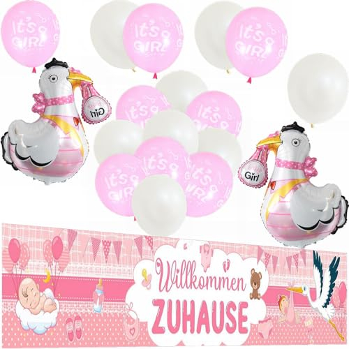Kiwochy Willkommen Baby Zuhause Deko - Rosa Gartenbanner, Storch Folienballons für Mädchen