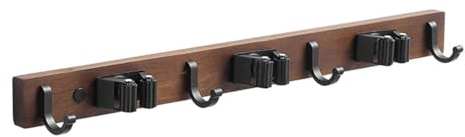 LANMOU Porte Balai Mural Accroche Balai Noyer Organisateur de Balai en Bois Massif Rustique avec 3 Emplacements et 4 Crochets Porte-outils Robuste Solutions de Rangement pour la Cuisine