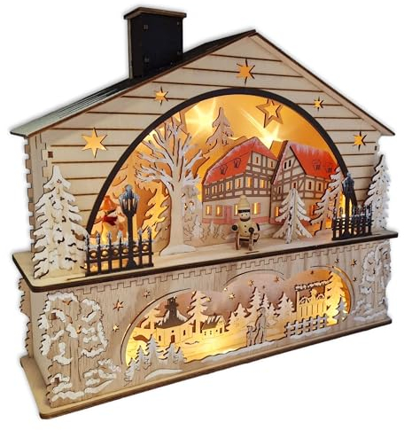 Wichtelstube-Kollektion Echtholz Weihnachtsdorf beleuchtete Weihnachtsdeko innen, lichterbogen Weihnachten, Weihnachtsdeko Fenster, Weihnachtsdeko Holz handgefertigt mit 3D Effekt und Hologrammfolie