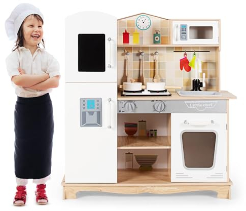 RELAX4LIFE Cucina Giocattolo in Legno per Bambini, Mini Cucina con Utensili da Cucina, Suoni e Luci Realistici, Giocattolo Educativo per Bambini 3+ Anni