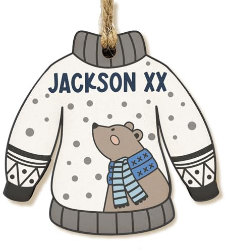 The Plum Penguin Personalised Novelty Christmas Jumper Bauble Festive MDF Ornament with Custom Name Choice of Xmas Pattern (Grey Winter Bear)