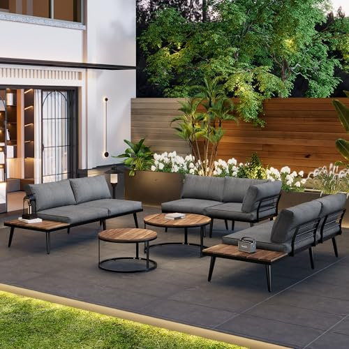Merax Gartenmöbel Set 5-6 Personen, Lounge Sitzgruppe Outdoor mit Sofatisch, Ecksofa aus verzinktem Eisen & Massivholz, für Garten Balkon Terrasse, inkl. Kissen, wetterfest Gartenlounge, Grau