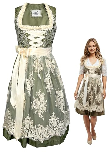 HOFGLANZ® Traditionelles Dirndl Damen [GRÜN & BEIGE] - Hochwertiges 2-teiliges Trachtenkleid Damen mit eleganter Dirndlschürze - Trachten - Midi Dirndl für Oktoberfest & Volksfeste - (Größe 30-52)