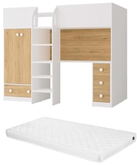 Vente-unique-Hochbett mit Kleiderschrank & Schreibtisch - 90 x 190 cm - Weiß & Holzfarben + Matratze - CINAMO