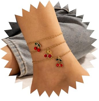Wendalern Bracelets De Cheville Boho Or Strass Cerise Charms Chevilles Diamant Cz Fruit Cerise Chaîne De Cheville Mignon Set De Bracelets De Cheville Plage D'été Bijoux De Pied Pour Les Femmes