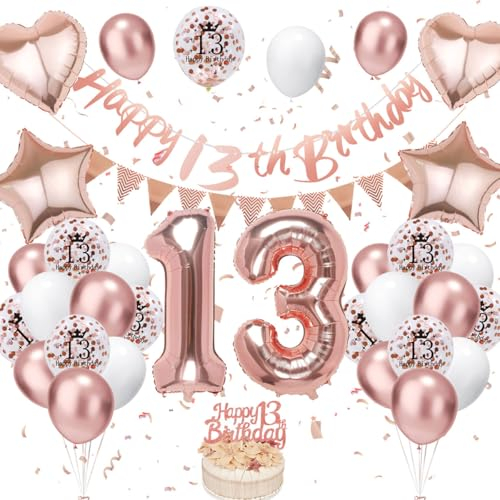 13. Geburtstag Deko Roségold, Luftballon Deko 13. Geburtstag Junge Mädchen, Geburtstagsdeko 13 Jahr, Roségold Weiß Luftballons 13 Geburtstag mit Banner Geburtstag Tortendeko für Geburtstag Dekoration