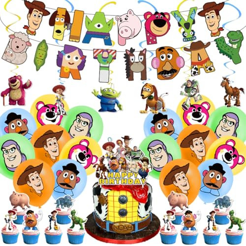 Toy Inspired Birthday Party Supplies, Story Birthday Style Party Decorations Includes Banner、Hanging Swirls、cup Cake Toppers、Cake Topper、Balloons