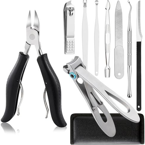 SOUTHMAN Toenail Clippers for Thick & Ingrown Nails Toenail Clippers Kits Stainless Steel Super Sharp Curved Blade Grooming Nail Tool for Man & Women 9Pcs Nail Clippers (Black)