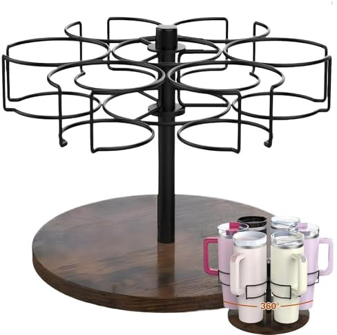 JUAEYIDDS Stanley Cup Holder Rotating Organiser for Stanley Water Bottle, Carbon Steel & Wood, 33.5x19.7cm/13.19x13.19x7.76 inches, Black, Kitchen Organisation