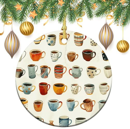 Christmas Ornaments Round Christmas Tree Ceramic Hanging Different Mug Paintings Ceramic Ornaments Xmas Tree Ceramic Ornament for Halloween Holiday Christmas Tree