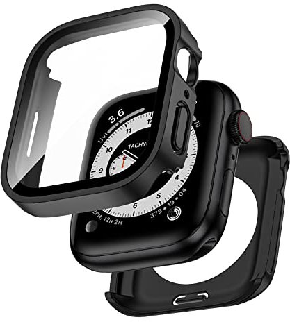 Kawoco 2 in 1 Wasserdichtes Hülle für Apple Watch Series 9/8/7 45mm mit Eingebaut Kratzfest Gehärtetes Glas Schutzfolie, HD Hochempfindliche Schutzhülle für iwatch 45mm, Schwarz