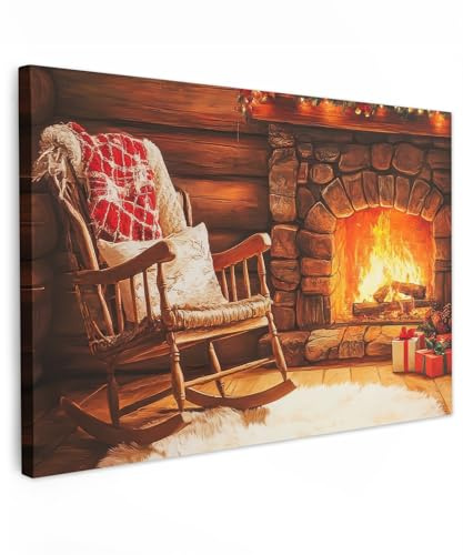 MuchoWow© Weihnachtsdeko Leinwand Bilder Wanddeko Wohnzimmer | 90x60 cm - Weihnachtsgeschenke Deko Zimmer Wandbilder Modern Bild auf Geschenk Winter - Weihnachten - Haus - Kamin