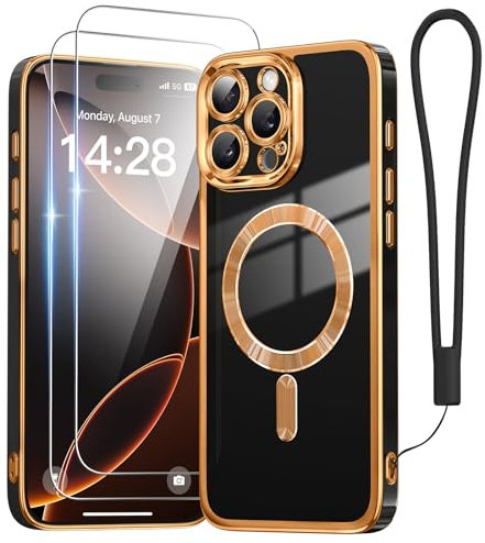 Meifigno for iPhone 16 Pro Max Case 6.9”, [Wrist Strap & 2X Screen Protectors][Surround Raised Camera Protection][Compatible with MagSafe] Women Cute Luxury Plating Case for 16 Pro Max, Black & Gold