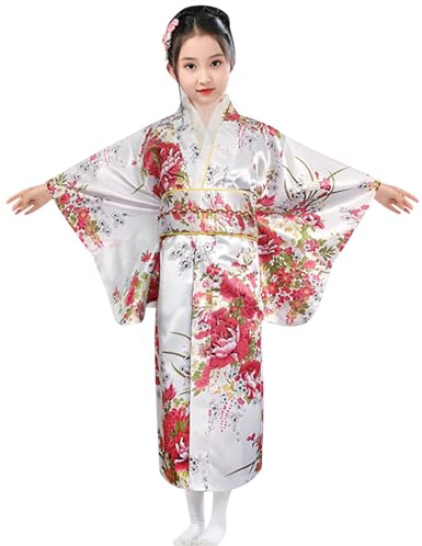 Kimono Japonais Traditionnel pour Fille Bébé Enfant Robe avec Obi Set Tenue Cosplay Festival Anniversaire Photographie Costume Asiatique Été Léger Élégant Décontracté Robe (A02-White, 9-10 Years)