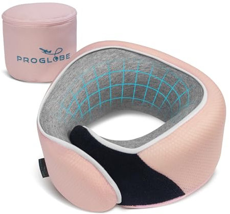Proglobe Junior Nackenkissen für Kinder - Ergonomisches Reisekissen aus Memory-Schaum für Auto, Flugzeug, Bahn - Waschbar, Tragbar, Mit Gurt – Für Kinder von 4–13 Jahren - Hellrosa