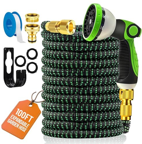 MOSII 100FT Expandable Garden Hose Pipe, Flexible Heavy Duty Water Hose Pipe Extendable with 10-Pattern Spray Nozzle, Brass Fittings, Hosepipes for Garden Car Washing (Green, 100FT/30M)
