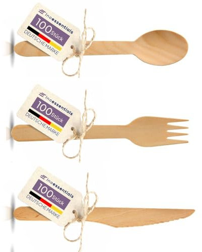 Inoverse Holzbesteck Set 300 stück - 100 Holzgabeln, 100 Holzlöffel, 100 Holzmesser - Nachhaltiges Einwegbesteck, Biologisch Abbaubar Besteck aus Holz, Einmalbesteck Set, Stabil Einwegeschirr