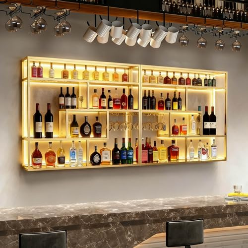 RAJYQODIS Portabottiglie da parete in stile industriale con portabicchieri, portabottiglie a 4 Livelli, espositore per liquori in ferro per bar di casa, portabottiglie da cucina (Gold, 240cm)