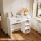 ELEGANT White Dressing Table with 2 Drawers Glossy, Glass Top Vanity Table Makeup Desk with 2 Movable Shelves, Large Storage Vanity Desk for Modern Bedroom Dresser, 90W x 40D x 77Hcm