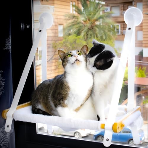 Hamaca Ventana para Gato con Madera de Bambú - 5 Ventosas 3.0 Super Resistentes - Cama Gato Ventana con Tela de Peluche para Invierno-Instalación Facil (Manual Incluido)-[Hamaca Noah 1 Unidad]-Budosín