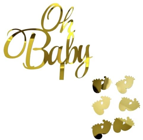 Oh Baby Cake Topper,7 Stück für Babyparty und Gender Reveal,Goldene Acryl Tortendeko mit Fußabdrücken,Ideal für Baby Shower,Windeltorte und Taufe,Inkl. Kuchenstecker (Junge/Mädchen)