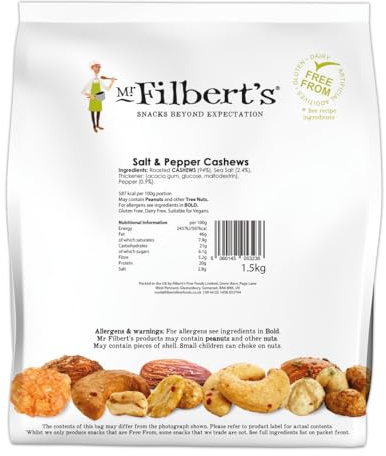 Mr Filbert's Salt & Pepper Cashews – 1.5kg Bulk Pack | Oven Roasted & Tumbled in Sea Salt & Black Pepper | Vegan, Dairy & Gluten Free Snack