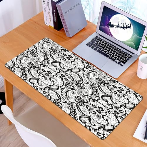 KDWJS Gaming Mauspad XXL 90x40cm Mousepad Groß Vernähte Kanten Anti-Rutsch für PC,Gothic Dekor, Spitzenmuster mit Flo Flowers1,Laptop Verbessert Präzision und Geschwindigkeit