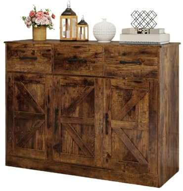 KOMFOTTEU Buffetschrank mit 2 Türschränke & 3 Schubladen, Küchenschrank mit verstellbarem Regal, Vorratsschrank mit Kippschutz, für Esszimmer, Wohnzimmer, 108 x 38 x 81 cm (Rustikales Braun)
