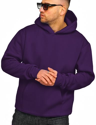 behype. Herren Oversize Hoodie Kapuzenpullover Einfarbig Basic Heavy Blank Pullover Unifarben Kapuzen-Sweatshirt (DE/NL/SE/PL, Alphanumerisch, L, Regular, Regular, Violett)