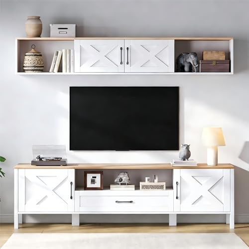 Fppuueg Conjunto de Muebles de Salón Juego de Mueble para TV de 2 Piezas, Mueble de Comedor con 4 Puertas y 1 Cajón, Mesa de TV 180cm, Mueble TV de 80 Pulgadas, 180x40x50 cm, Blanco