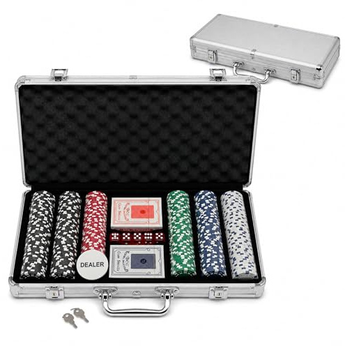 MAGIC SELECT Poker Set Spiel. Pokerset Komplett mit Metallkoffer 300 Pokerchips, 2 Kartendecks, 5 Würfel, Dealer Button und Schlüssel. Pokerkoffer für Zuhause, Partys und Spieleabende