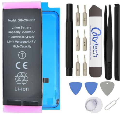 OnlyTech - Batteria Premium Capacità Aumentata di Sostituzione per iPhone SE 3 (2022) - 2200mAh, qualità identica (chip TI) - Kit 15 Strumenti e adesivo schermo inclusi
