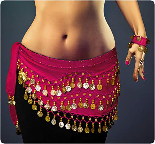 Belly Dance Bauchtanz Kostüm in pink Hüfttuch inkl. ein paar Handketten Münzgürtel Fasching Karneval