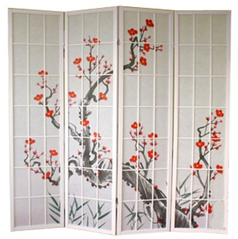 Paravent japonais fleur de cerisier en bois blanc de 4 pans, L176 x H175 x P2 cm -PEGANE-