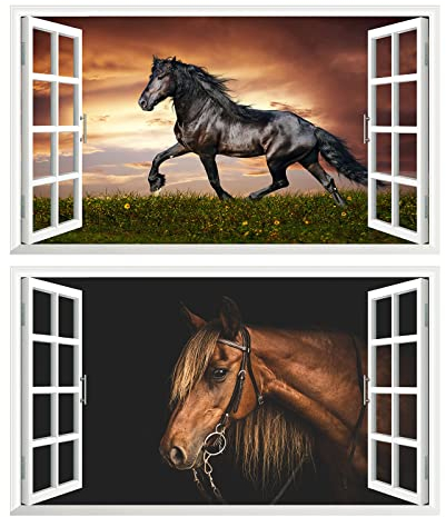 2Pcs Pferd Horse Schwarz Weiss Wandtattoo 3D Effekt XXL Wanddurchbruch Fenster Wandaufkleber für Junge Mädchen Kinderzimmer V10 1000 mm breit x 600 mm tief (groß)