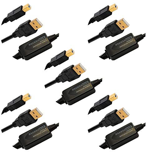 Rhombutech® Set 5X 15m USB2.0 Anschlusskabel, aktiv mit Signalverstärker, Druckerkabel, Externe Festplattengehäuse, Scannerkabel, A/B USB 2.0 Stecker A auf Stecker B